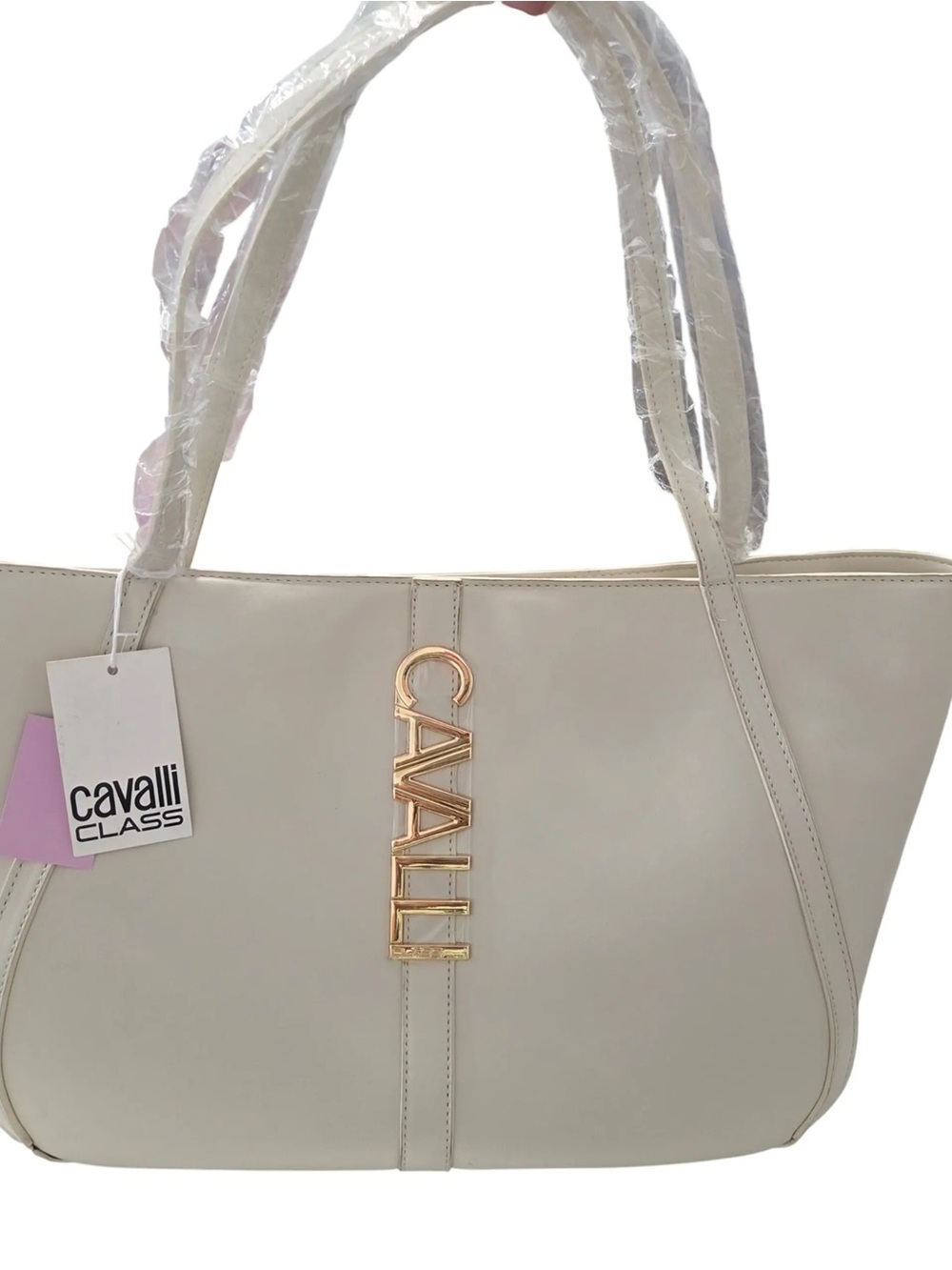 Roberto Cavalli- Sandra shopper white asparagus Tote with Gold Cavalli Emblem